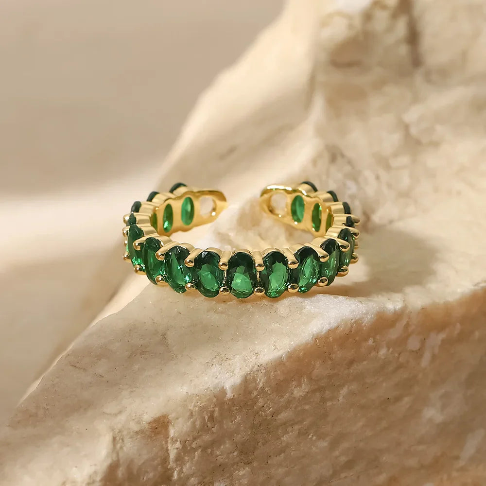 Anéis Elegantes em Aço Inoxidável Anel Pedra Verde Ajustável