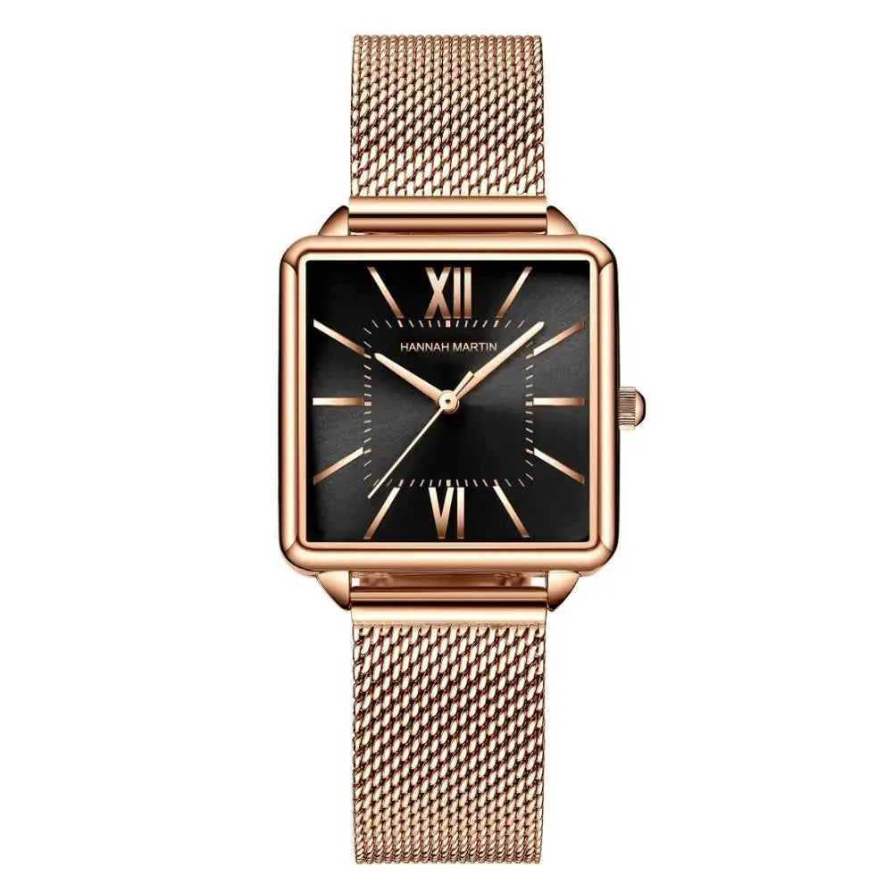 Relógio Feminino de Malha de Aço Hannah Martin Malha Rosa Dourado Fundo Preto