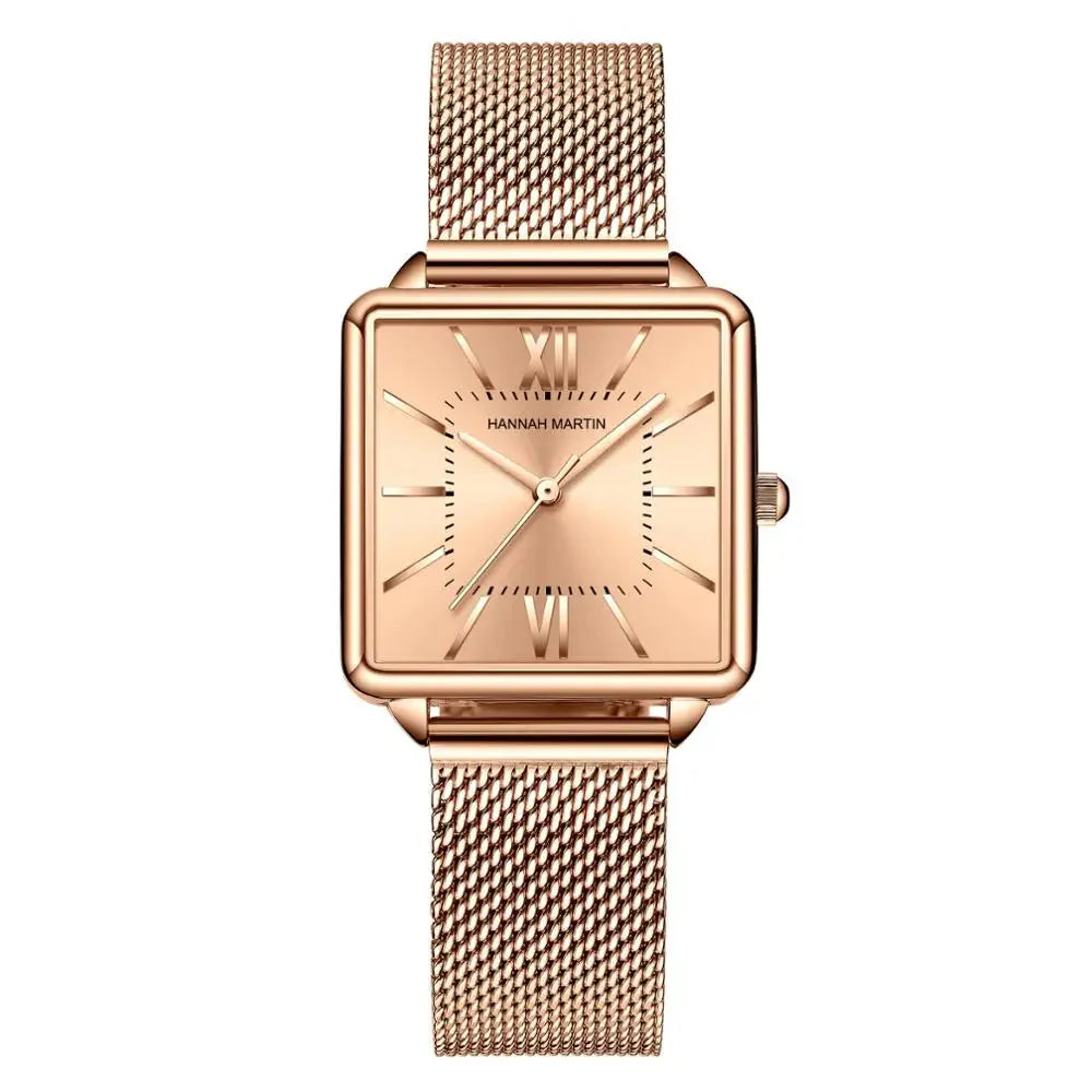 Relógio Feminino de Malha de Aço Hannah Martin Malha Full Rosa Dourado