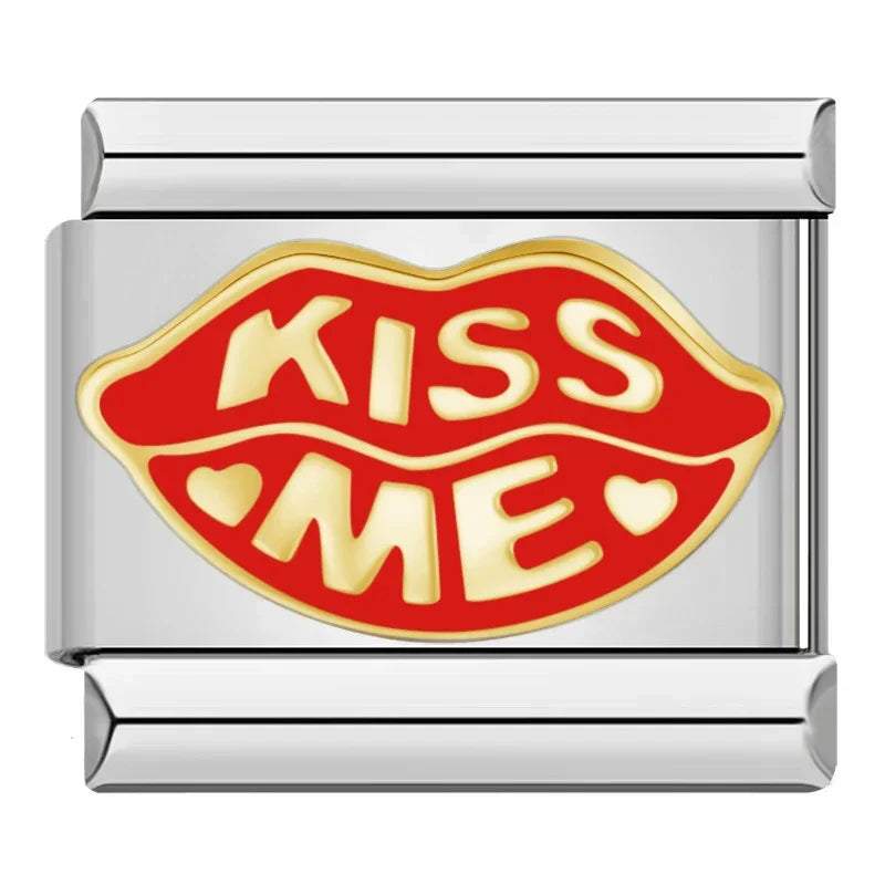 Charms Originais Pulseira Italiana em Aço Inoxidável Kiss Me