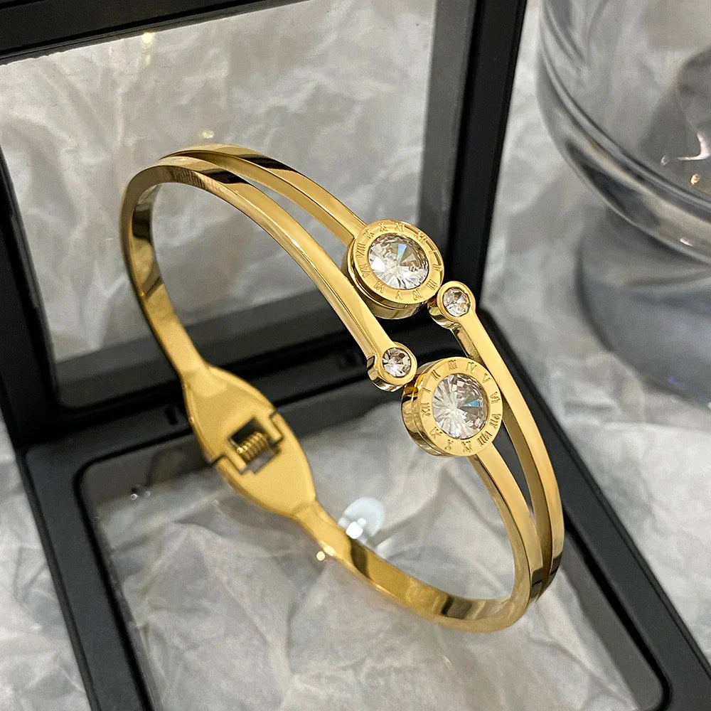 Pulseiras Brilhantes em Aço Inoxidável Zircónias Duas pedras