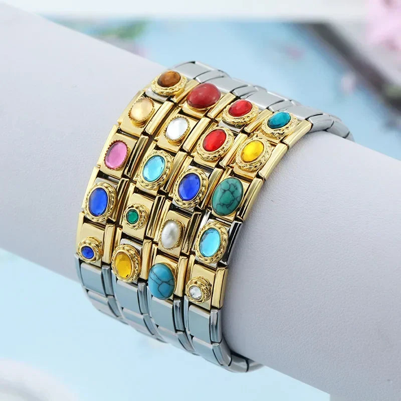 Charms de Zircónias Pulseira Italiana em Aço Inoxidável