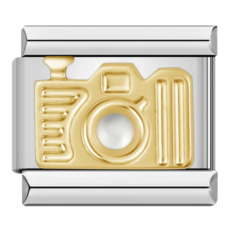 Charms Pulseira Italiana em Aço Inoxidável Máquina Fotográfica