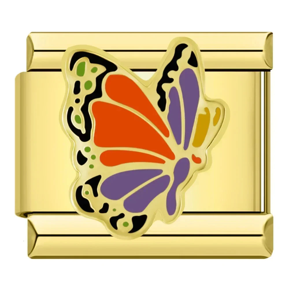 Charm Olho Turco Pulseira Estilo Italiano em Aço Inoxidável Borboleta Laranja e Lilás