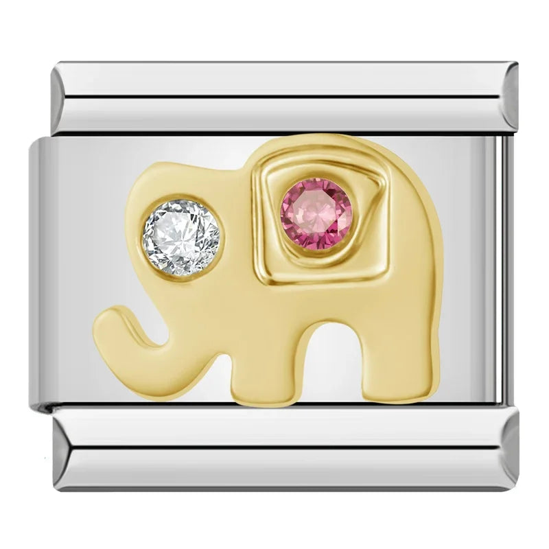 Charms Pulseira Italiana em Aço Inoxidável Elefante Pedras
