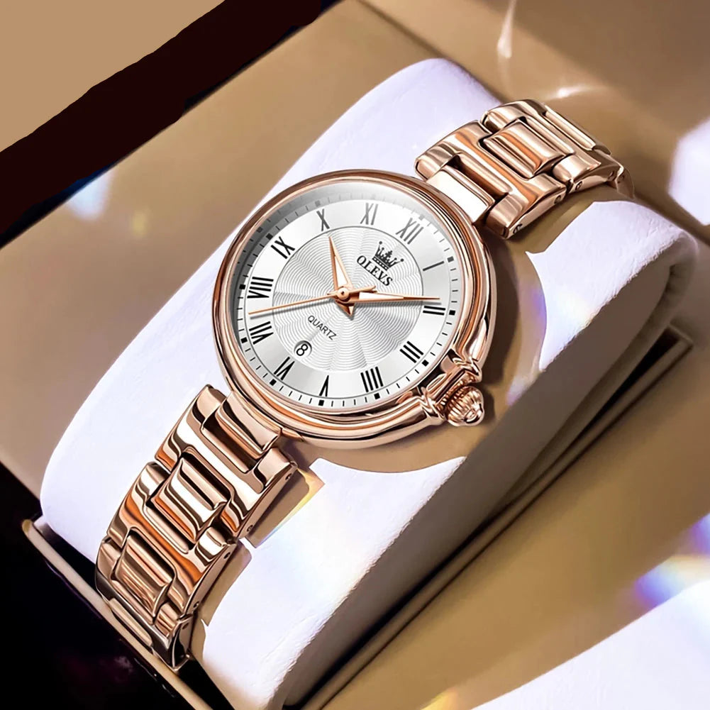 Relógio Chic e Fashion Feminino OLEVS Full Rosa Dourado Fundo Branco