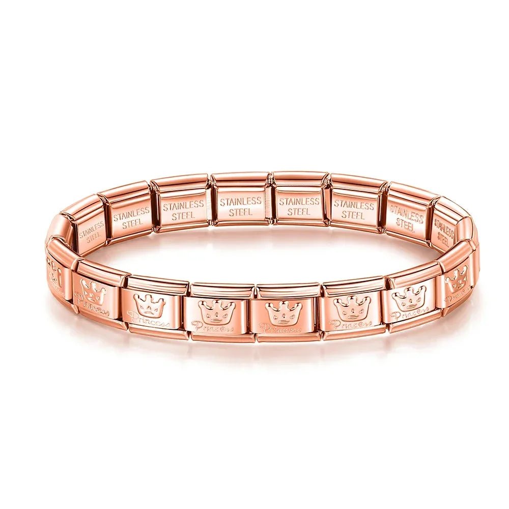 Pulseira Charms Mom e Princess em Aço Inoxidável Princess Rosa Dourado