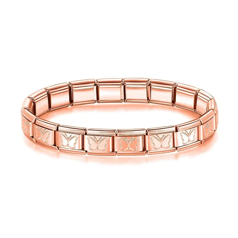 Pulseiras Originais Charms Flores e Borboletas em Aço Inoxidável Borboleta Rosa Dourado