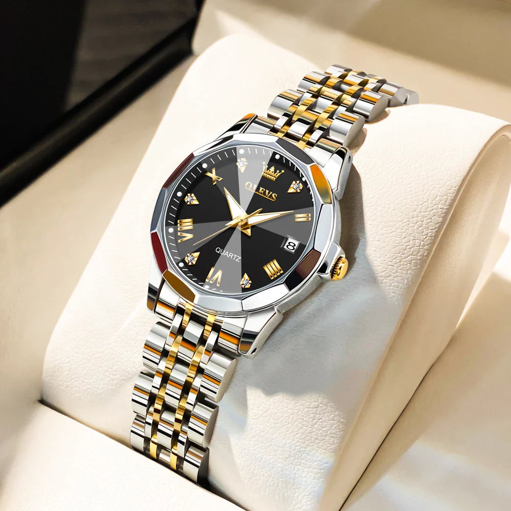 Relógio Feminino OLEVS em Aço Inoxidável Dourado Fundo Preto