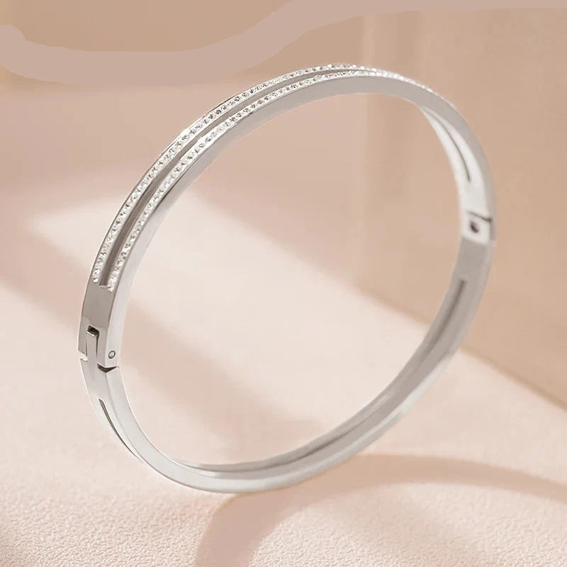 Pulseira Rígida Brilhante em Aço Inox Dupla Camada Prateado