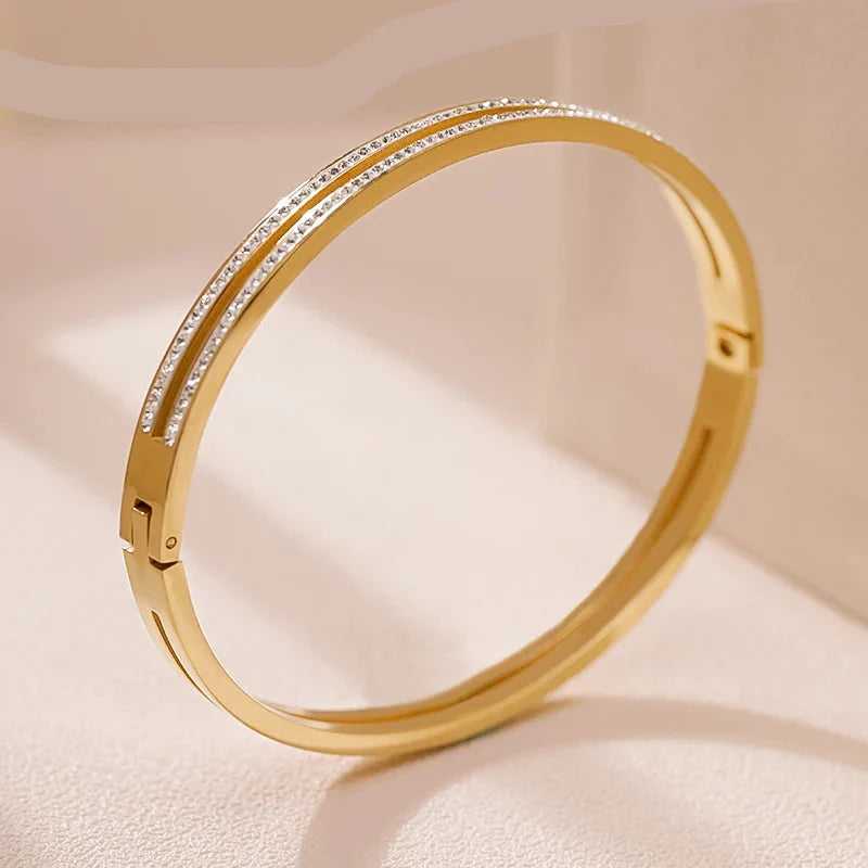 Pulseira Rígida Brilhante em Aço Inox Dupla Camada Dourado