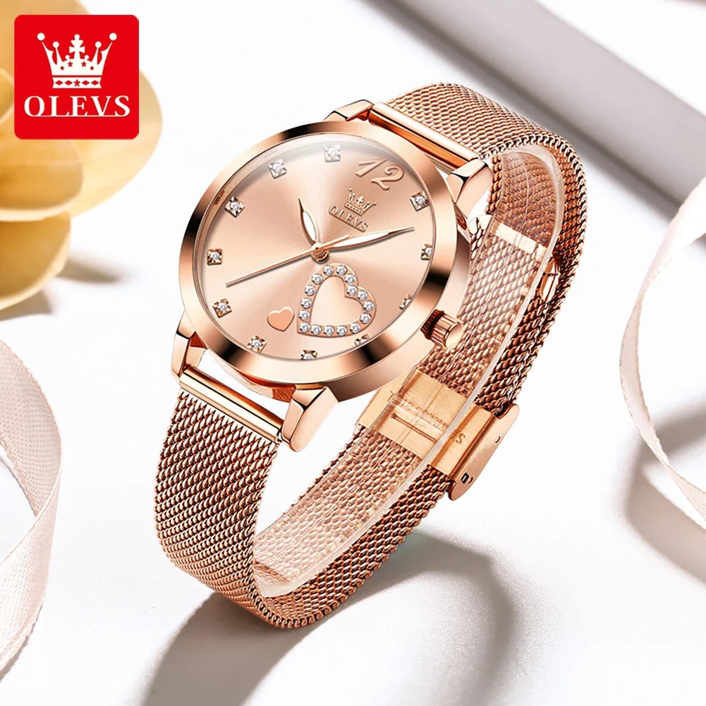 Relógio Feminino em Aço Inoxidável OLEVS Full Rosa Dourado