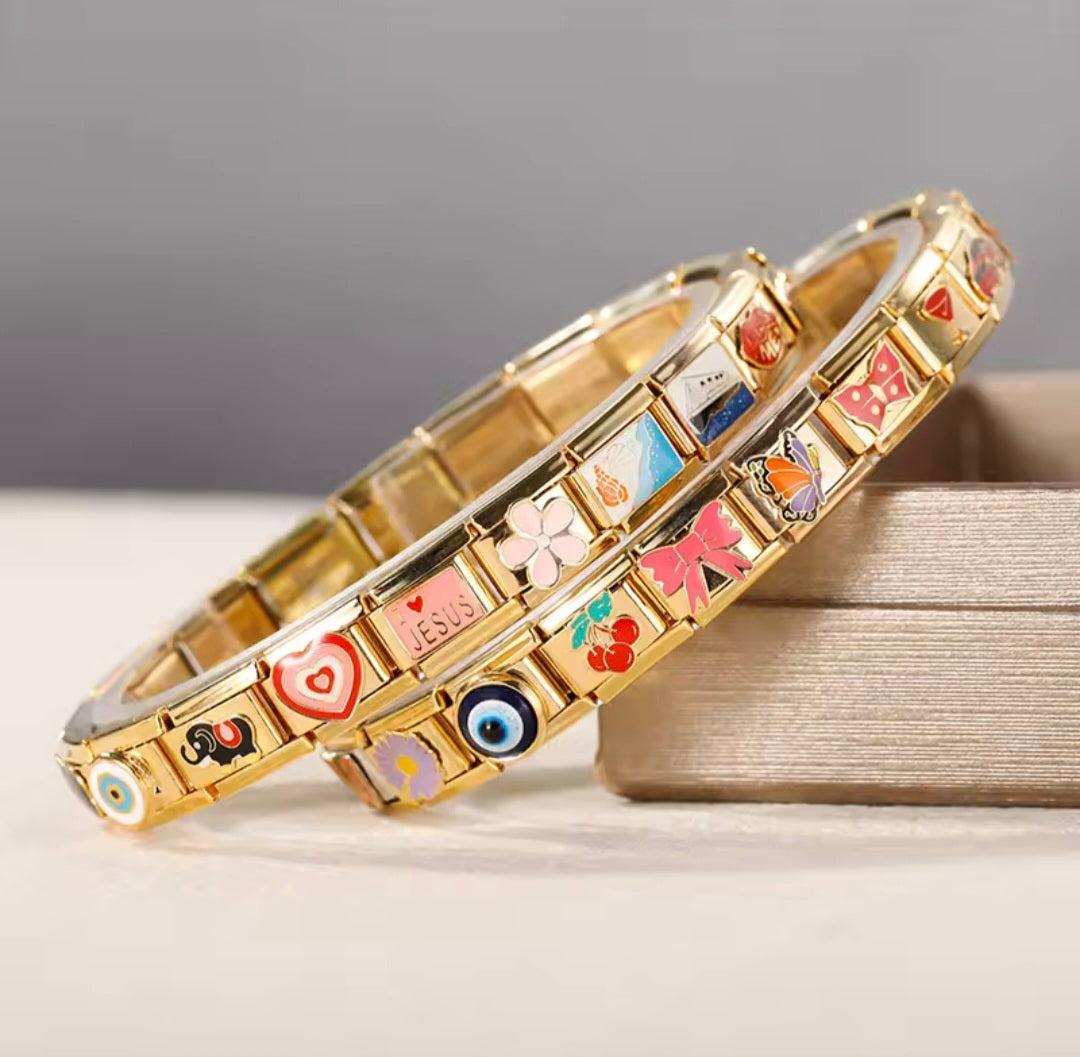 Charm Olho Turco Pulseira Estilo Italiano em Aço Inoxidável