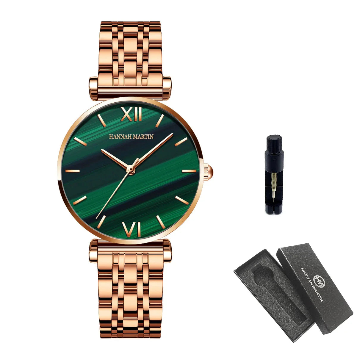 Relógio Look Moderno em Aço Inox Rosa Dourado Fundo Verde