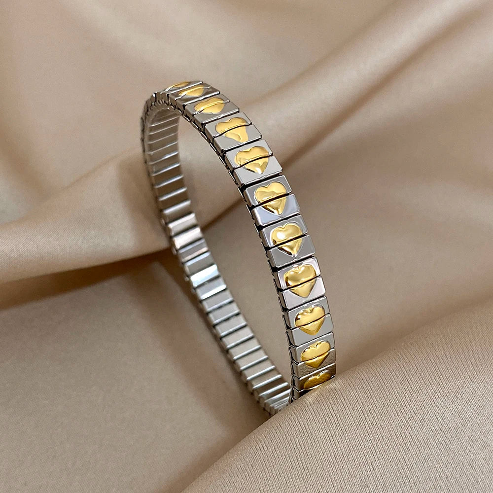 Pulseiras Elásticas Clássicas em Aço Pulseira Fina Corações