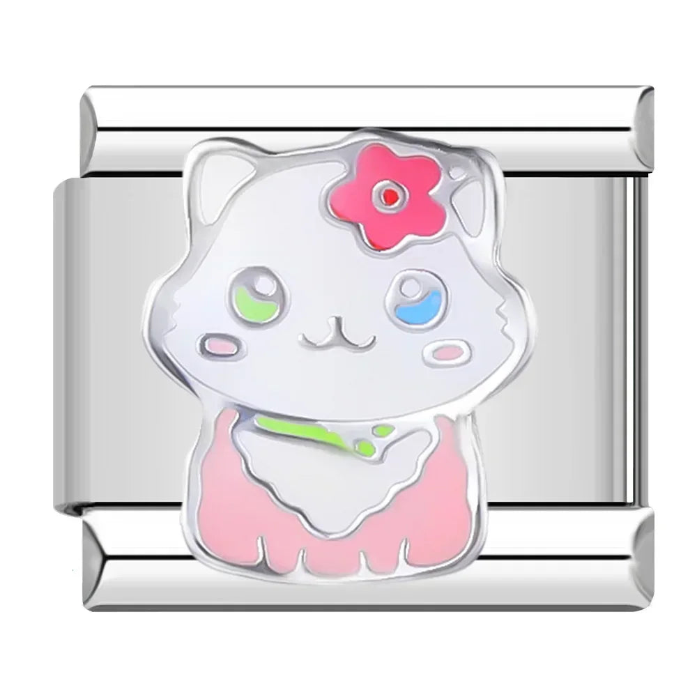 Charm Gatinha Pulseira Italiana em Aço Inoxidável