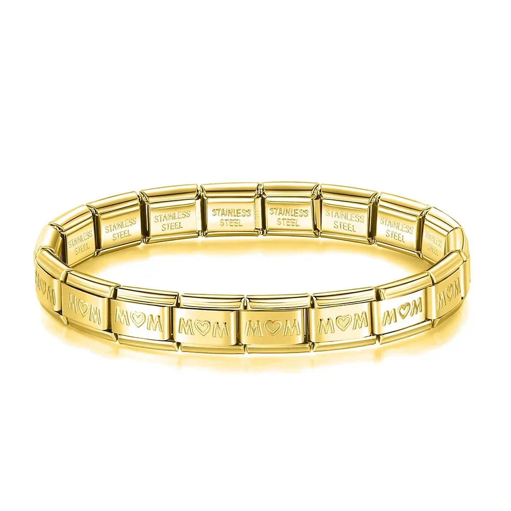 Pulseira Charms Mom e Princess em Aço Inoxidável MOM Dourado