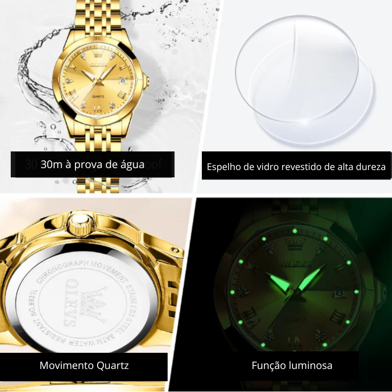Relógio Feminino OLEVS em Aço Inoxidável Dourado
