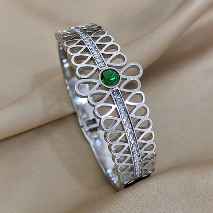 Pulseira Rígida Pedra Verde Prateado