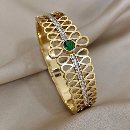 Pulseira Rígida Pedra Verde Dourado
