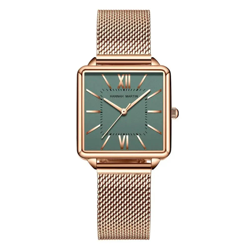 Relógio Feminino de Malha de Aço Hannah Martin Malha Rosa Dourado Fundo Verde