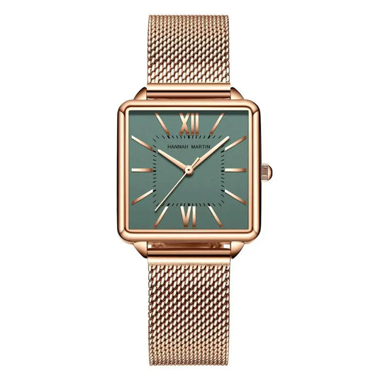 Relógio Feminino de Malha de Aço Hannah Martin Malha Rosa Dourado Fundo Verde