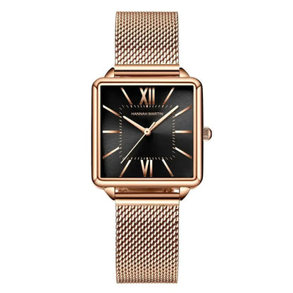 Relógio Feminino de Malha de Aço Hannah Martin Malha Rosa Dourado Fundo Preto