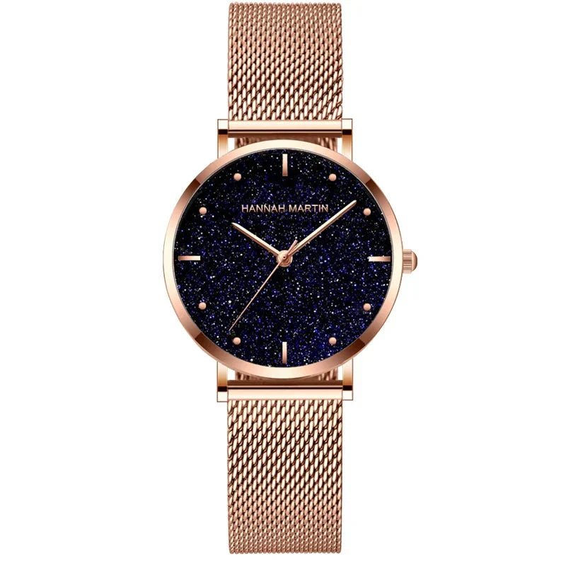 Relógio Glamoroso em Aço Inox Hannah Martin Rosa dourado fundo escuro