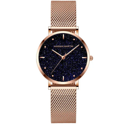 Relógio Glamoroso em Aço Inox Hannah Martin Rosa dourado fundo escuro