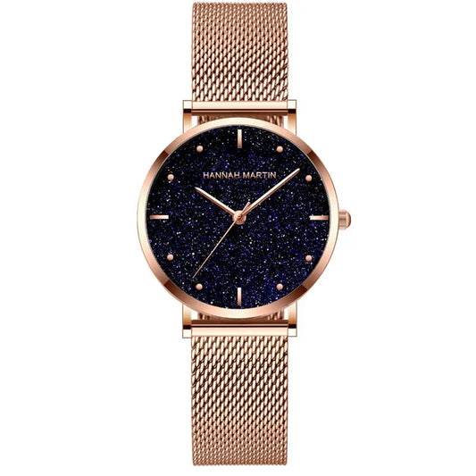 Relógio Glamoroso em Aço Inox Hannah Martin Rosa dourado fundo escuro