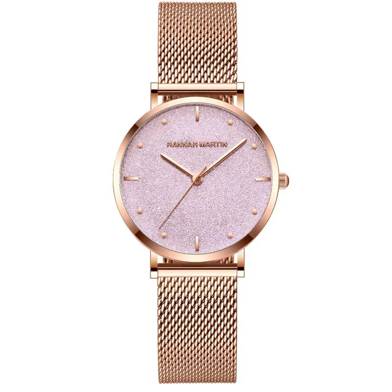 Relógio Glamoroso em Aço Inox Hannah Martin Rosa dourado fundo rosa