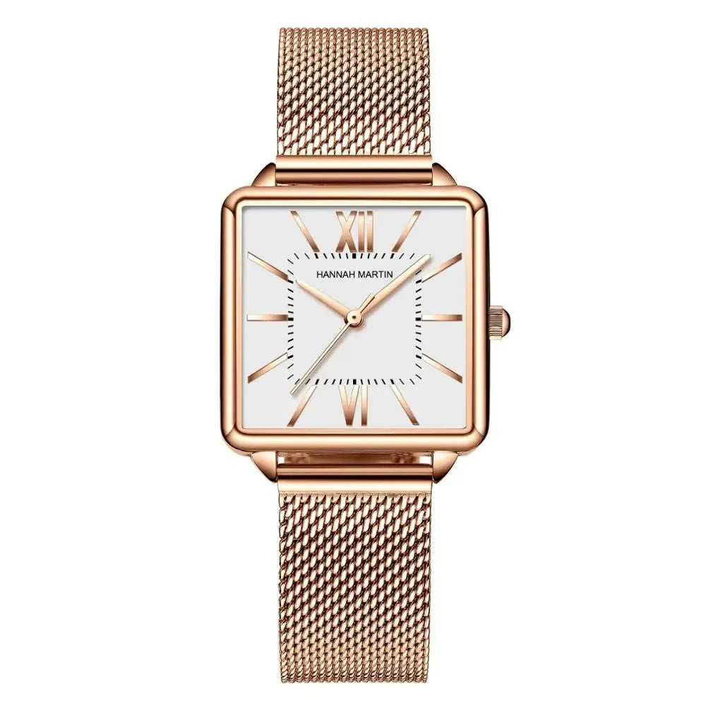 Relógio Feminino de Malha de Aço Hannah Martin Malha Rosa Dourado Fundo Branco