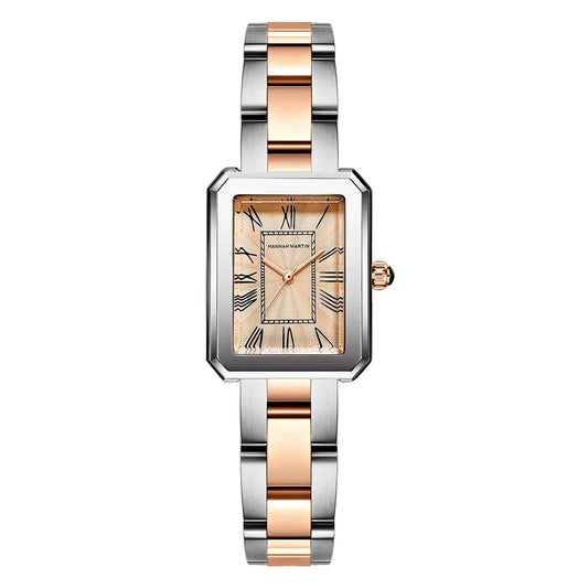 Relógio Feminino com Visor Retangular Prateado Rosa Dourado