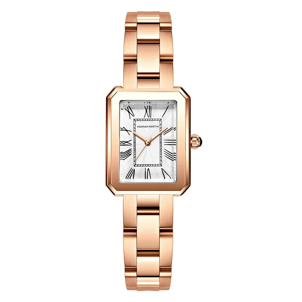 Relógio Feminino com Visor Retangular Rosa Dourado Fundo Branco