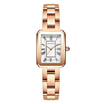 Relógio Feminino com Visor Retangular Rosa Dourado Fundo Branco