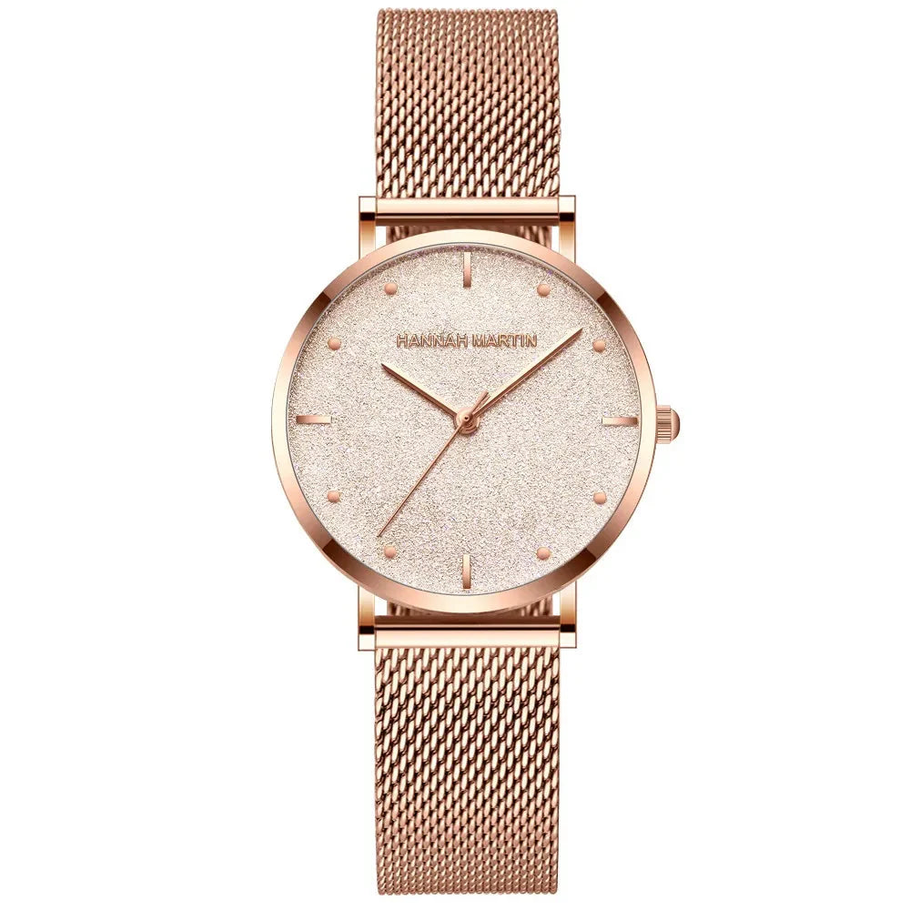 Relógio Glamoroso em Aço Inox Hannah Martin Rosa dourado fundo bright