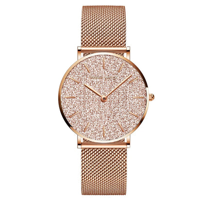 Relógio Glamoroso Feminino em Aço Inox Rosa dourado fundo rosa