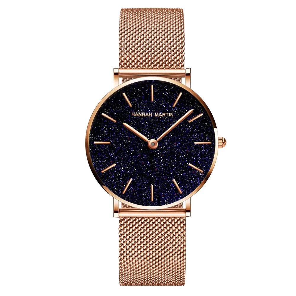 Relógio Glamoroso Feminino em Aço Inox Rosa dourado fundo escuro