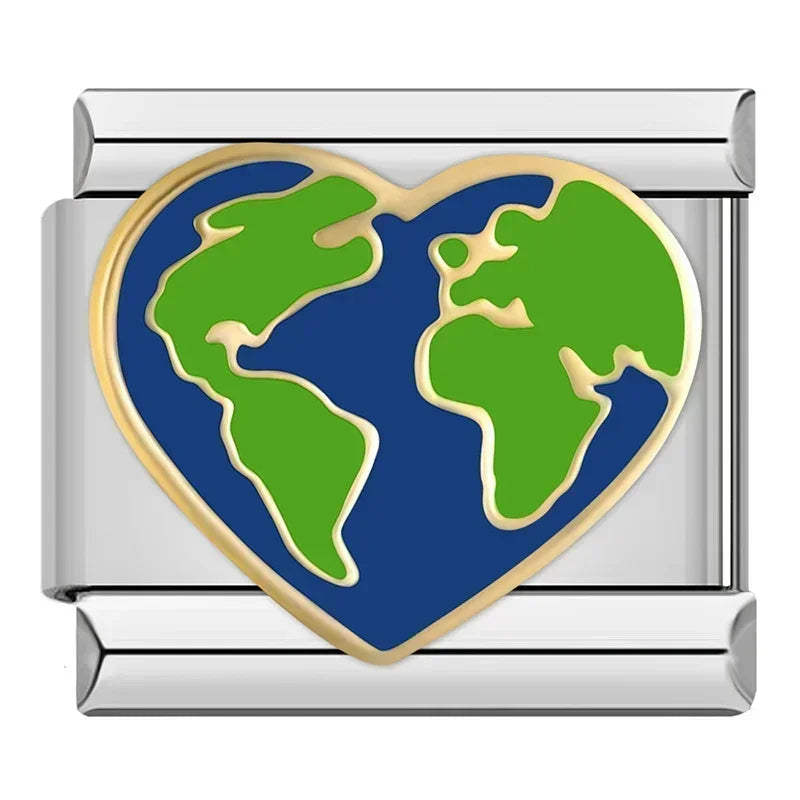 Charms Pulseira Italiana em Aço Inoxidável Mapa Mundo