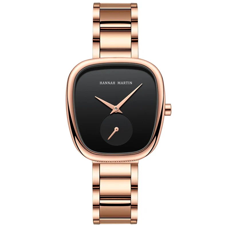 Relógio Moderno em Aço Inox Hannah Martin Rosa Dourado Fundo Escuro