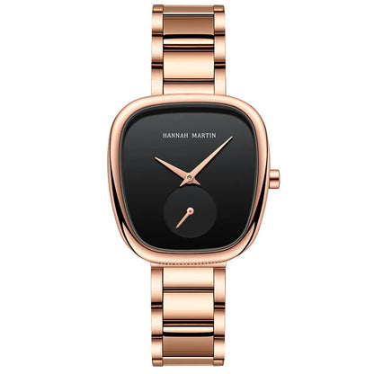 Relógio Moderno em Aço Inox Hannah Martin Rosa Dourado Fundo Escuro