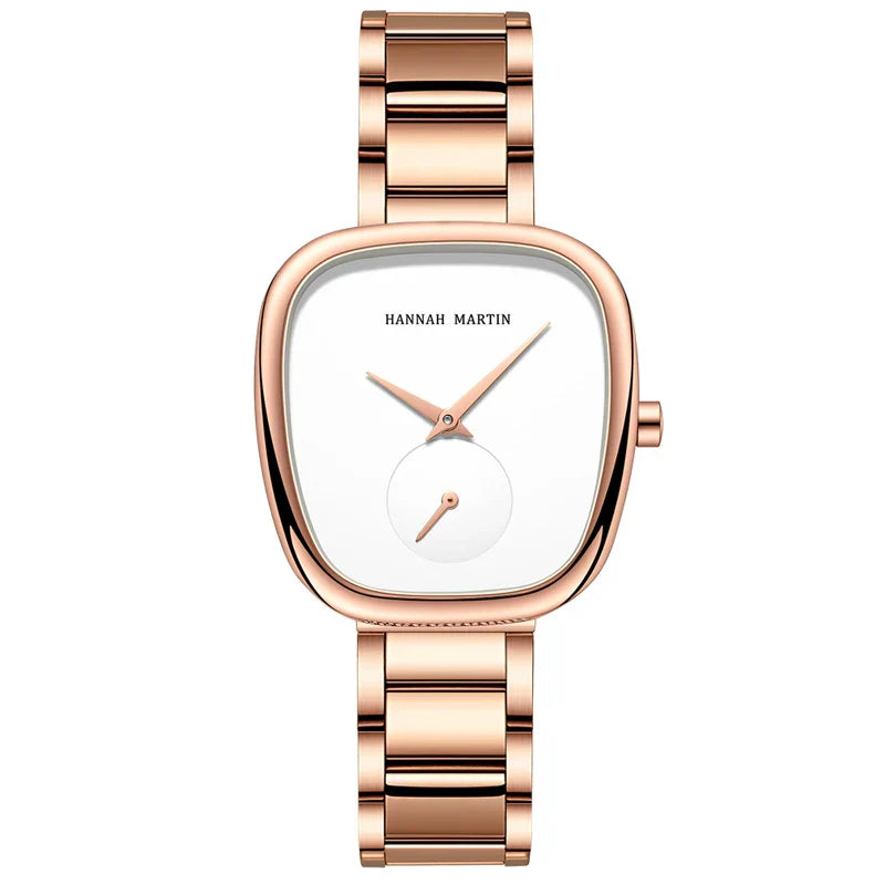 Relógio Moderno em Aço Inox Hannah Martin Rosa Dourado Fundo Claro