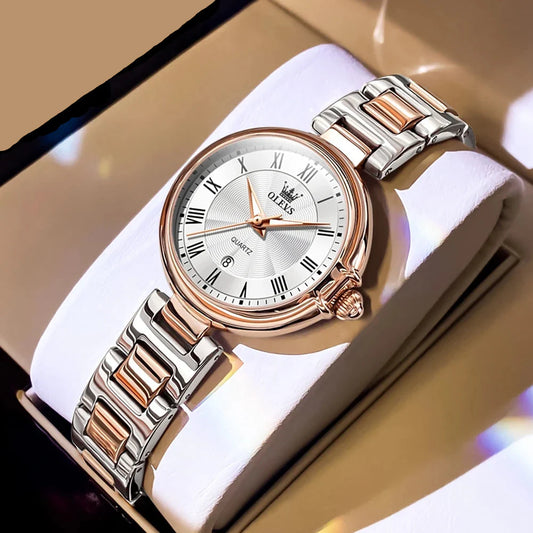Relógio Chic e Fashion Feminino OLEVS Rosa Dourado Prateado Fundo Branco