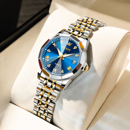 Relógio Feminino OLEVS em Aço Inoxidável Dourado Fundo Azul