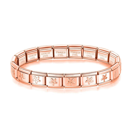 Pulseiras Originais Charms Flores e Borboletas em Aço Inoxidável Flor Rosa Dourado