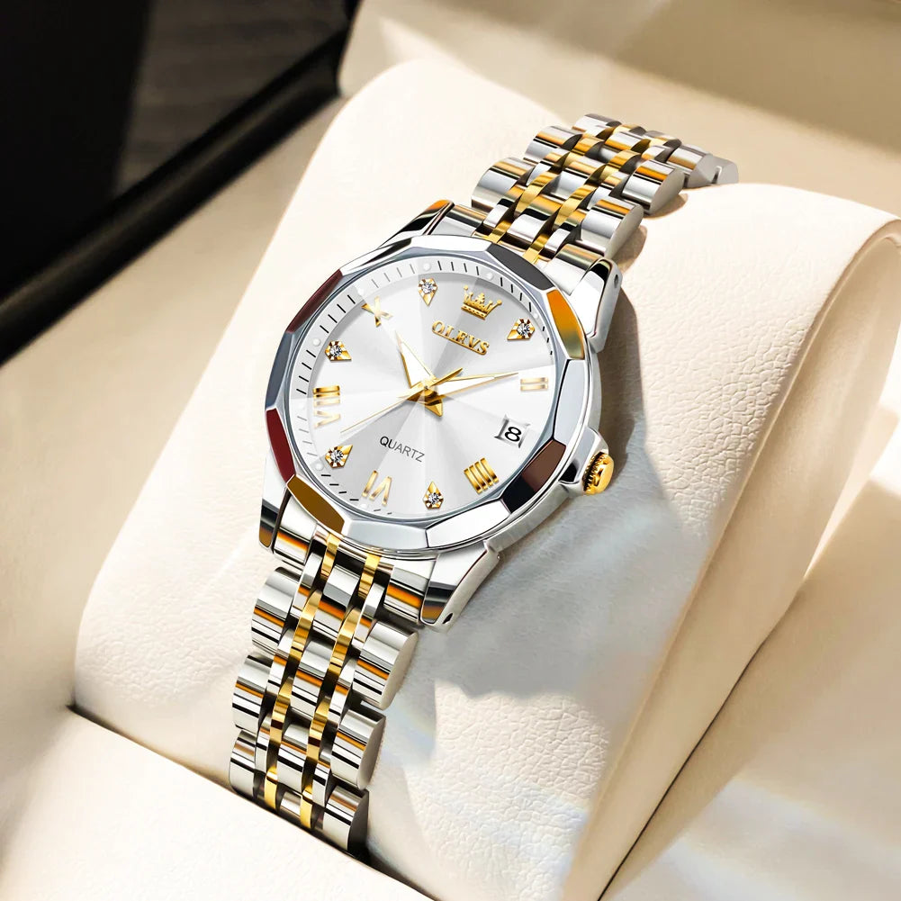 Relógio Feminino OLEVS em Aço Inoxidável Dourado Fundo Branco