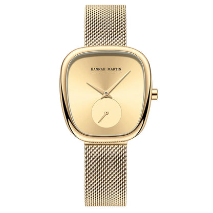 Relógio Feminino Glamoroso Hannah Martin Malha Dourado Fundo Dourado
