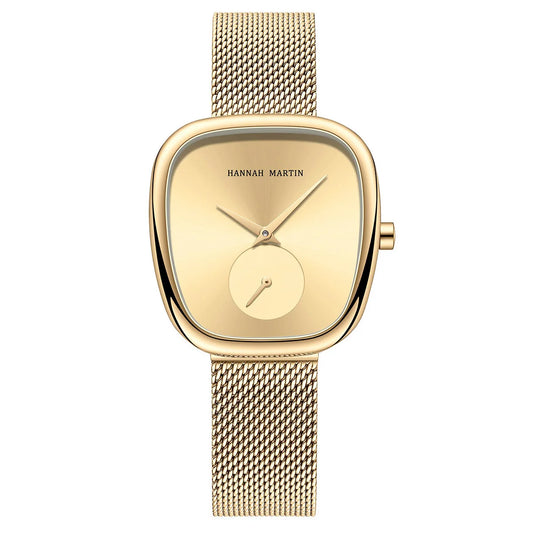 Relógio Feminino Glamoroso Hannah Martin Malha Dourado Fundo Dourado