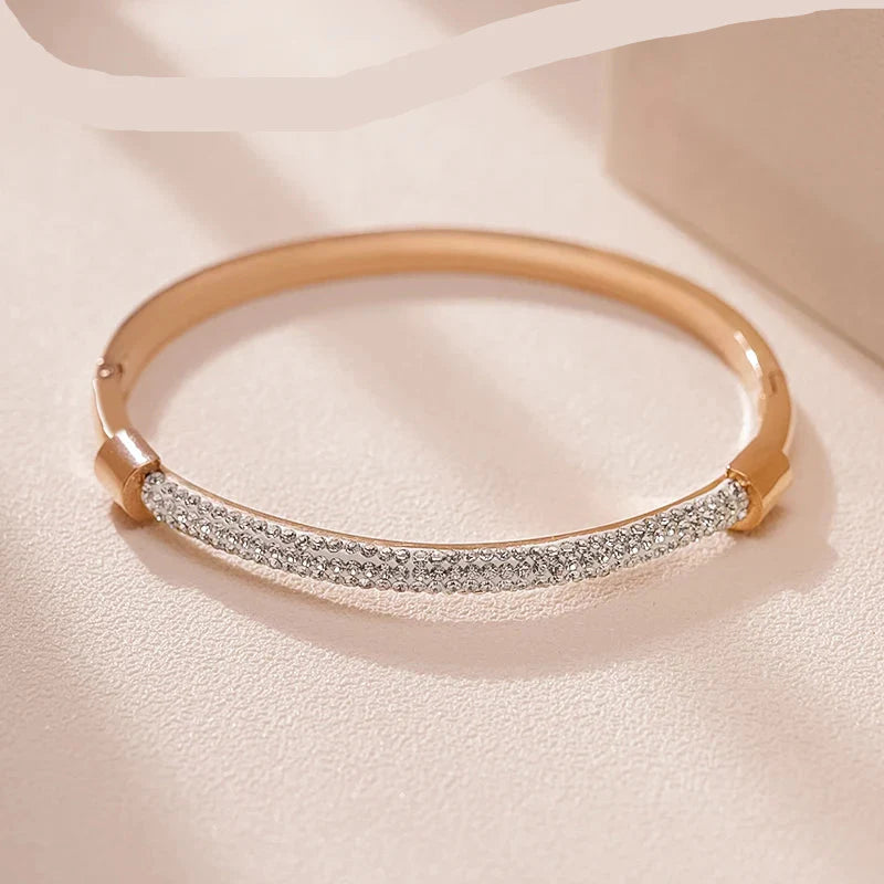 Pulseira Rígida Brilhante em Aço Inox Rosa Dourado