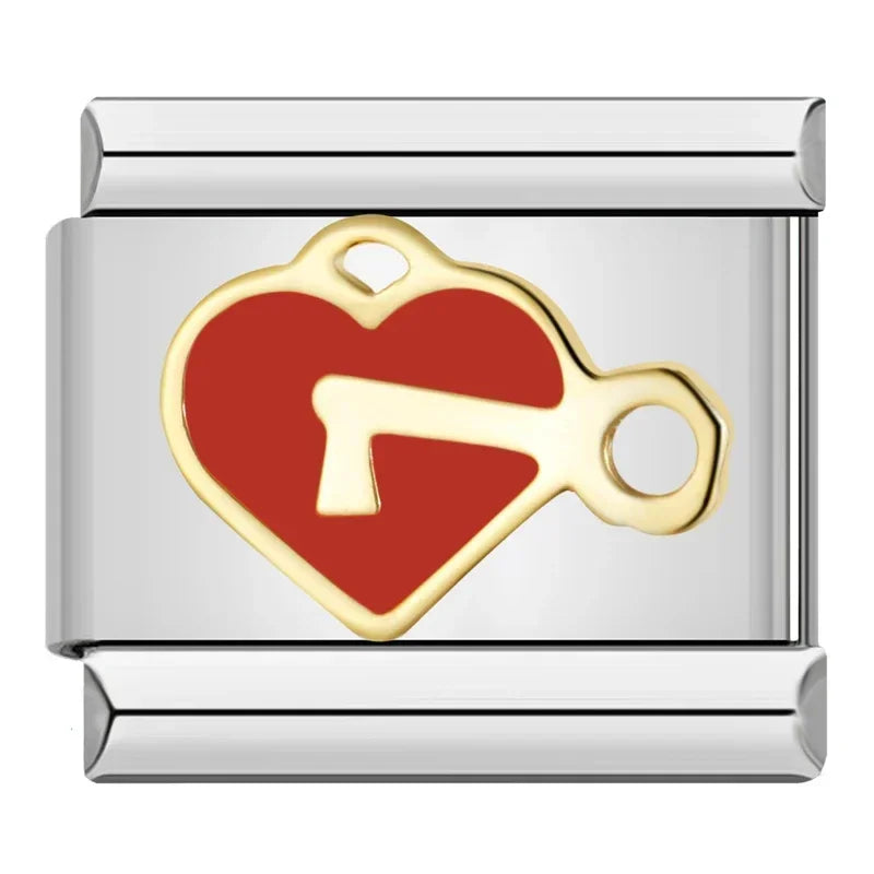 Charms Originais Pulseira Italiana em Aço Inoxidável Coração Chave